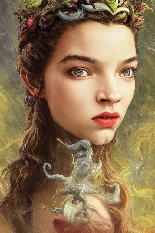 Image similar to A fantasy comic book style portrait painting of Alicia Vikander, Anya Taylor-Joy, hybrid, as an Atlantean Reptilian Warrior, François Boucher, Oil Painting, Mystical Valkyrie, unreal 5, DAZ, hyperrealistic, octane render, Regal, Refined, Detailed Digital Art, RPG portrait, William-Adolphe Bouguereau, Michael Cheval, Walt Disney (1937), Steampunk, dynamic lighting, Highly Detailed, Cinematic Lighting, Unreal Engine, 8k, HD