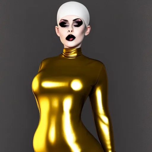 Image similar to a curvy pale hot young goth woman wearing an elegant modest tight shiny gold-silver-black striped latex high-neck dress, cgsociety, photorealistic, sublime-cool-hyperadvanced-dark-amorous ambience, 16k, smooth, sharp focus, trending on ArtStation, volumetric lighting, fully clothed, thin waist