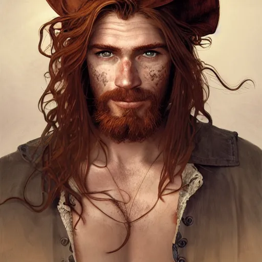 Prompt: portrait of a young ruggedly handsome but joyful pirate, soft freckles, male, masculine, upper body, red crimson hair, long long flowing hair, fantasy, proud smirk, intricate, elegant, highly detailed, digital painting, artstation, concept art, matte, sharp focus, illustration, art by artgerm and greg rutkowski and alphonse mucha