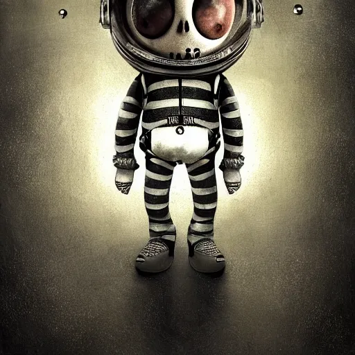 Prompt: michal karcz surrealism grunge Pastel drawing of the end of an astronaut happy in the galaxy. , in the style of jack skellington, in the style of a clown, loony toons style, horror theme, detailed, elegant, intricate, 4k, Renaissance painting