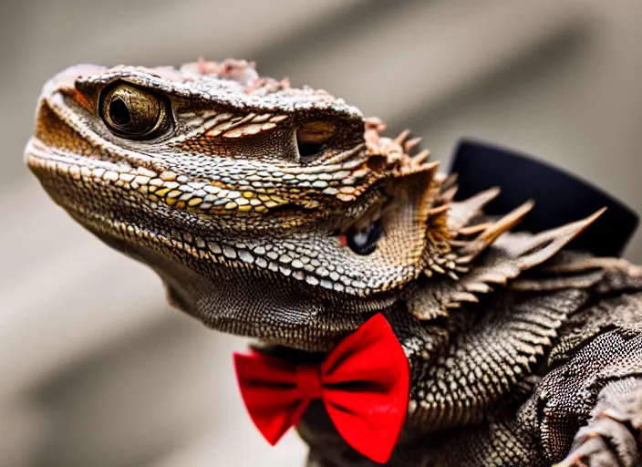 Image similar to dslr portrait still of a bearded dragon wearing a top hat and a red bowtie, 8 k 8 5 mm f 1. 4