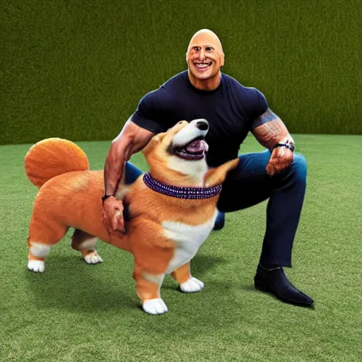 Image similar to photo of dwayne johnson riding a giant corgi, highly - detailed, sharp focus, award - winning