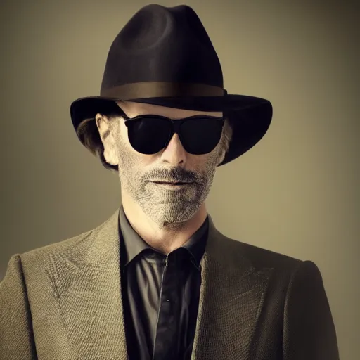 Prompt: film still, extreme long shot, of an enigmatic mysterious man, making the best smug smile, face unseen by wearing a luxury designer fedora and chopard sunglasses, expensive outfit, elegant, casual, intricate, symmetrical, realistic, rich moody colors, by annie leibovitz, nikon d 8 5 0 camera, photoshopped