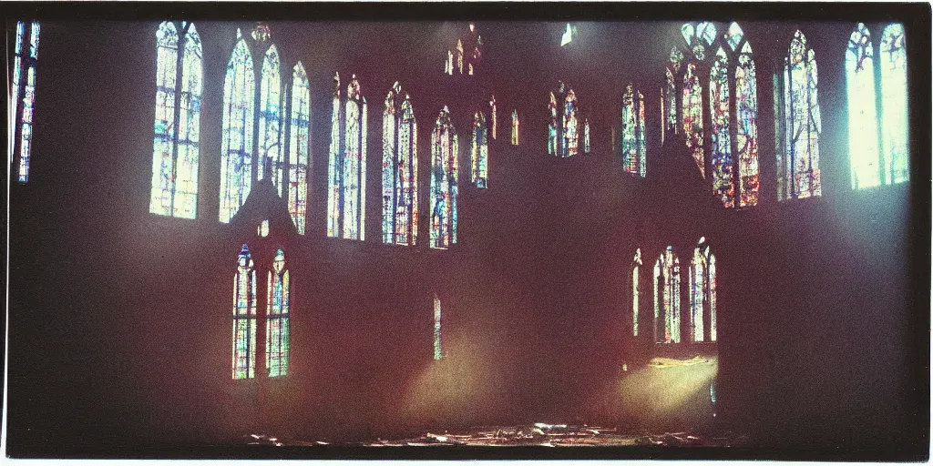 Prompt: analog polaroid of an abandoned church, light coming through stained glass windows, color bleed, lens flare