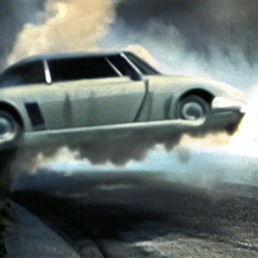 Prompt: car chased by a flying car, movie still of James bond, highly detailed