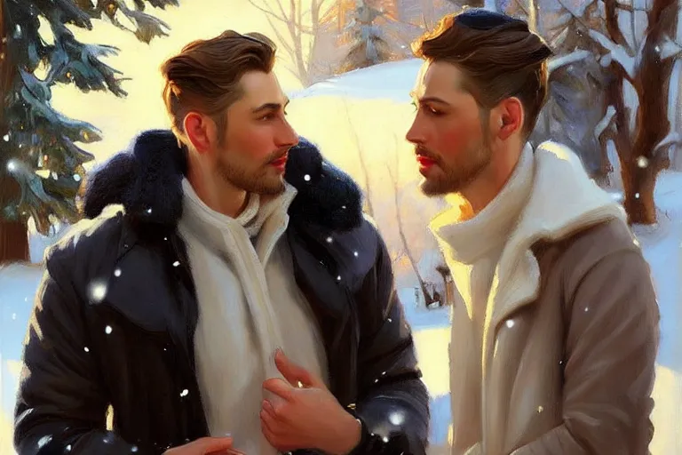 Prompt: attractive man chatting, winter, night, painting by vladimir volegov, j. c. leyendecker, tom of finland, trending on artstation