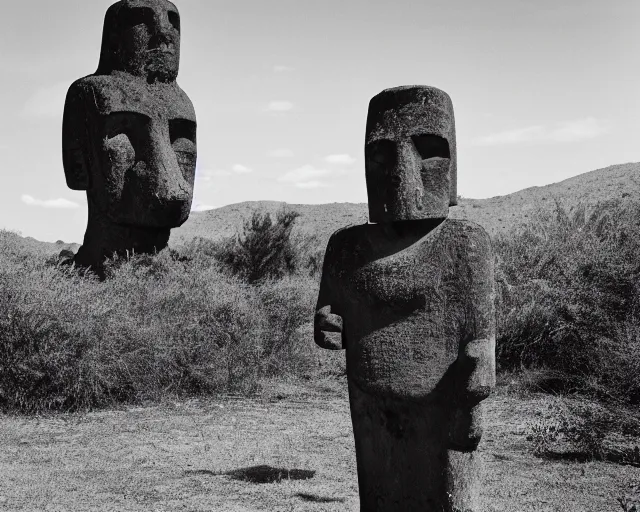 Image similar to black and white noir film. moai as lords of cannabis.