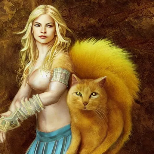 Prompt: blonde warrior princess riding a large yellow furry house cat, high detail,