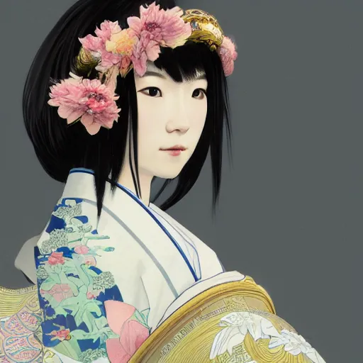 Prompt: side portrait of a young japanese woman wearing a kimono, flower crown, long hair, headshot, hyper realistic, pale skin, 4k, rule of thirds, extreme detail, detailed drawing, trending artstation, hd, fantasy, D&D, realistic lighting, by Alphonse Mucha, Greg Rutkowski, sharp focus, backlit, elegant