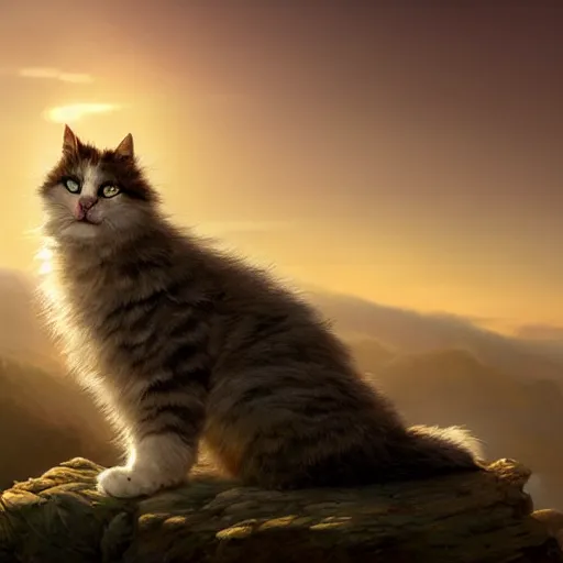 Prompt: epic portrait an lonely fluffy cat sitting alone on a mountain during sunset, back profile, digital painting, artstation, concept art, soft light, hdri, smooth, sharp focus, illustration, fantasy, intricate, elegant, highly detailed, D&D, matte painting, in the style of Greg Rutkowski and Alphonse Mucha and artemisia, 8k, highly detailed, jurgens, rutkowski, bouguereau, pastoral, rustic, georgic, detailed concept art, illustration, colorful pastel, painting, detail, ultra detailed, digital art, 4K,