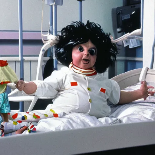Image similar to willy wonka is sick in the hospital, oompa loompas dace around his bed, vacation photo, 8 0 s film