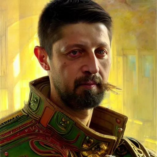 Prompt: highly detailed full portrait of volodymyr zelensky, art by donato giancola and ruan jia and carl larsson and magali villeneuve. trending on artstation, intricate details, energetic composition, golden ratio, concept art, illustration, elegant art