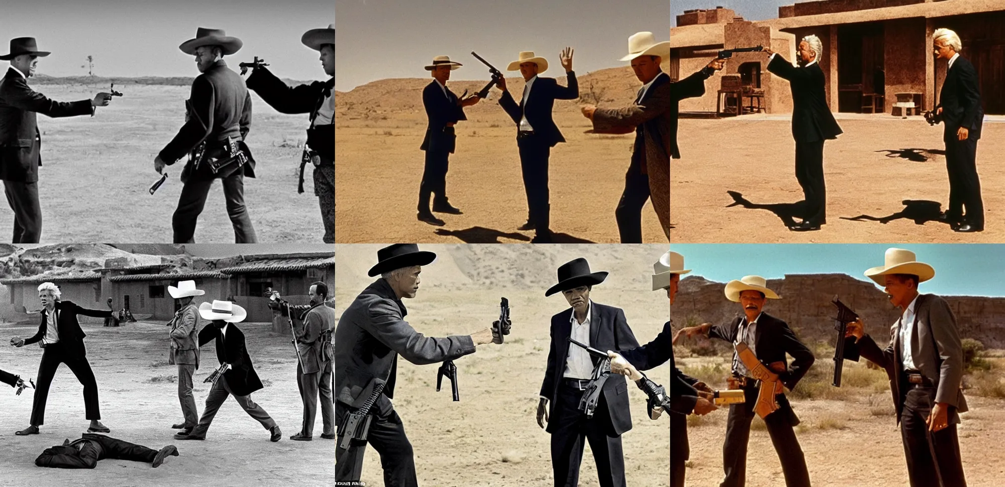 Prompt: obama and geert wilders and xi jingping pointing revolvers at each other, mexican standoff, cinematic shot, the good the bad and the ugly 1 9 6 6