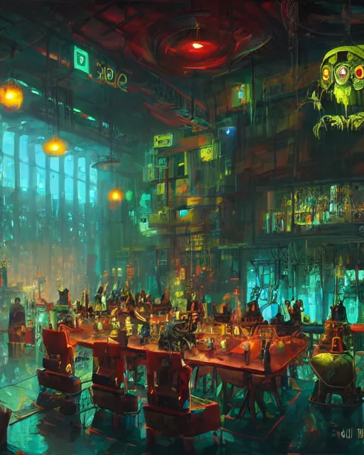 Prompt: a cyberpunk hogwarts dining hall, with a giant robot owl, by paul lehr - n 9