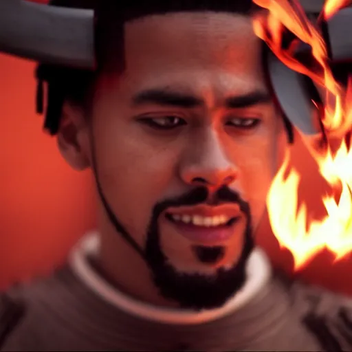 Image similar to cinematic film still of J Cole starring as a Samurai holding fire, Japanese CGI, VFX, 2022, 40mm lens, shallow depth of field,film photography