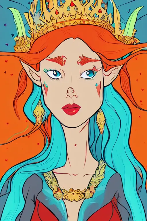 Image similar to red headed elven queen, art by ori toor, sticker, colorful, illustration, highly detailed, simple, smooth and clean vector curves, no jagged lines, vector art, smooth