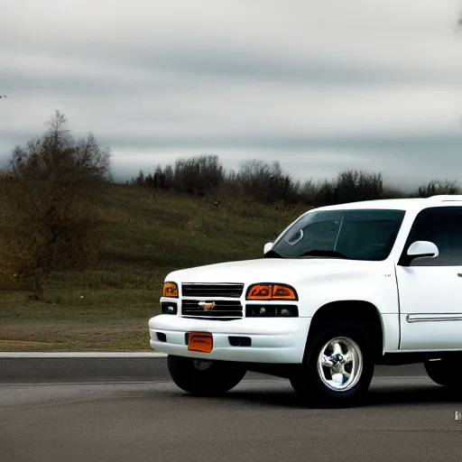 Prompt: 2001 Chevy suburban, car photography, white car