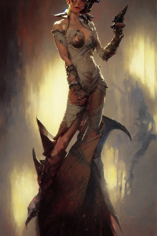 Image similar to well dressed woman in a suit with a sly smile and demon horns portrait dnd, painting by gaston bussiere, craig mullins, greg rutkowski, yoji shinkawa