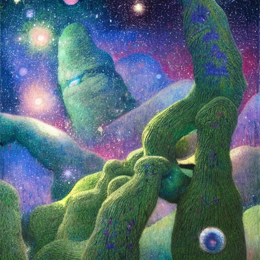 Image similar to psychedelic small cats hidden lush pine forest, outer space, milky way, designed by arnold bocklin, jules bastien - lepage, tarsila do amaral, wayne barlowe and gustave baumann, cheval michael, trending on artstation, star, sharp focus, colorful refracted sparkles and lines, soft light, 8 k 4 k