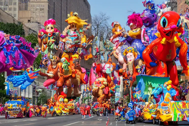 Image similar to photo of giant elaborate parade float characters designed by geoff darrow!!!! and ( ( ( ( ( ( lisa frank ) ) ) ) ) ), in the macys parade, detailed 4 k photo