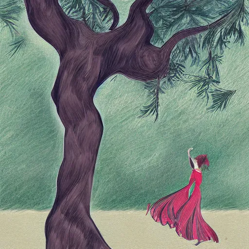 Image similar to illustration of a woman dancing near an old strong tall green persian cypress tree in wind, digital painting, artist farshchian