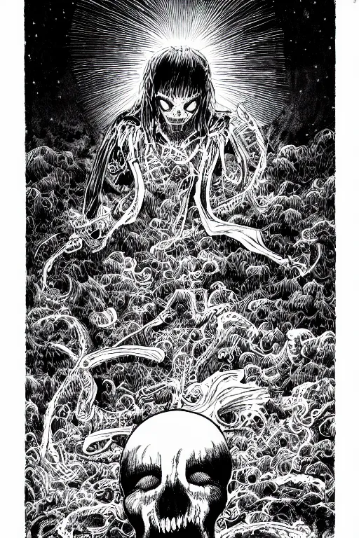 Image similar to lost soul ghost, night sky, highly detailed ink illustration of a forgotten cemetery, b & w clean shaped illustration by kim jung gi, ric estrada, ron english and eiichiro oda