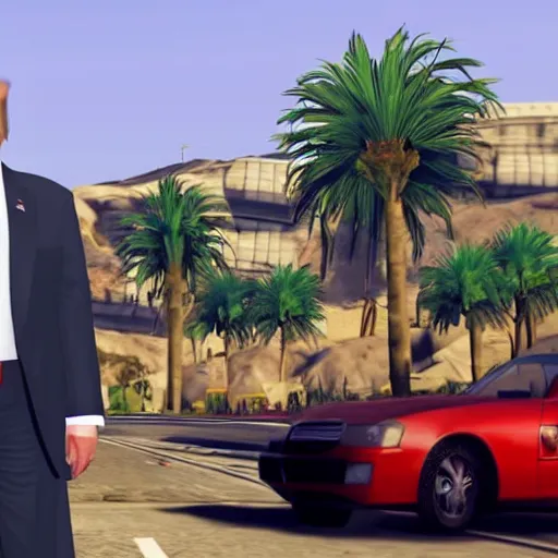 Image similar to Donald trump in GTA V . Los Santos in background, palm trees. in the art style of Stephen Bliss