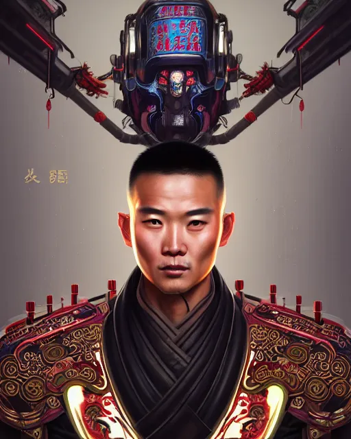 Image similar to portrait of a chinese masculine male cyberpunk machine, machine face, upper half portrait, decorated with chinese opera motifs, muscular, asian, fine china, wuxia, traditional chinese art intricate intense elegant 京 剧 highly detailed digital painting artstation concept art smooth sharp focus illustration, art by artgerm and greg rutkowski alphonse mucha 8 k