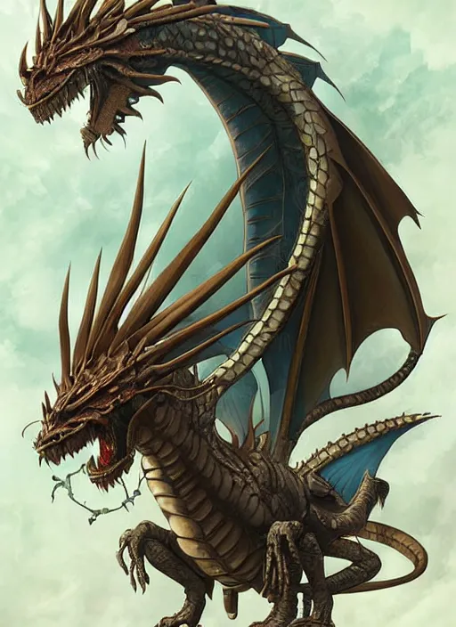 Image similar to real dragon with life support system, steampunk background, concept art, creature design, graphic novel, studio ghibli, artgerm, manga, trending on artstation, art nouveau, mature color scheme