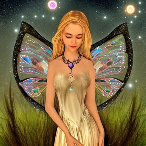 Image similar to A realistic fairy wearing glowing jewelry she looks mystified, moon in the background, very artistic, highly detailed