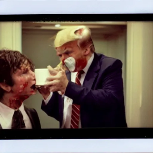 Image similar to polaroid movie still of zombie donald trump eating tucker carlson on foxnews,