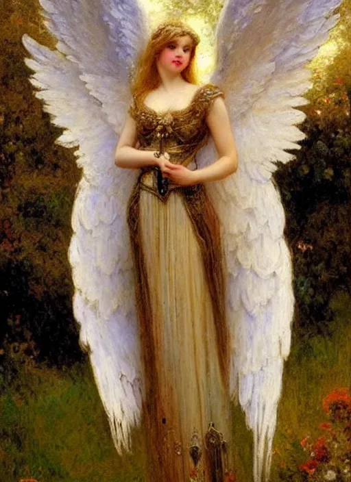 Image similar to vertical prtrait of an angel knight gothic girl, baroque dress. by gaston bussiere