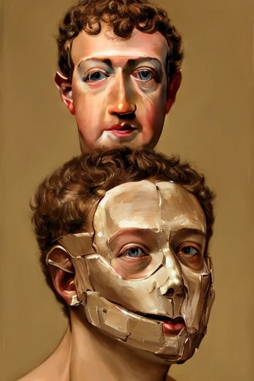 Image similar to Mark Zuckerberg peeling away his face like a mask to reveal that he’s an Android, oil on canvas, golden hour, artstation, by J. C. Leyendecker and Peter Paul Rubens,