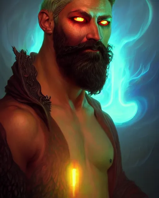 Image similar to epic fantasy render portrait of a despairing bioluminescent man with a beard with glowing eyes, dark retrowave, highly detailed, digital painting, cinematic, hyperrealism, rpg portrait, dynamic lighting, art by boris vallejo and julie bell and magali villeneuve and alphonse mucha, artstation, octane render, cgsociety