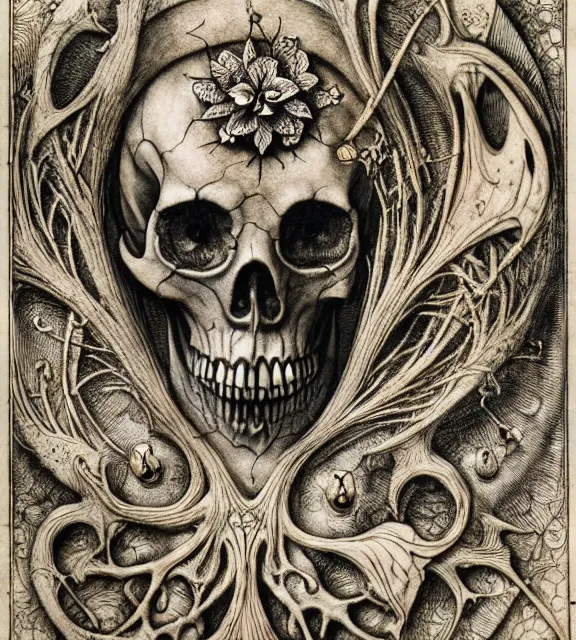 Image similar to memento mori by arthur rackham, art forms of nature by ernst haeckel, exquisitely detailed, art nouveau, gothic, ornately carved beautiful skull dominant, intricately carved antique bone, art nouveau botanicals, ornamental bone carvings, art forms of nature by ernst haeckel, horizontal symmetry, arthur rackham, ernst haeckel, symbolist, visionary