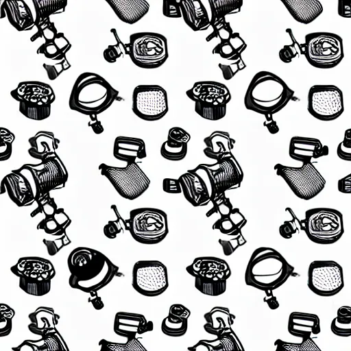 Image similar to seamless pattern showing microscopes. black and white, drawing, white background, seamless, ornament.