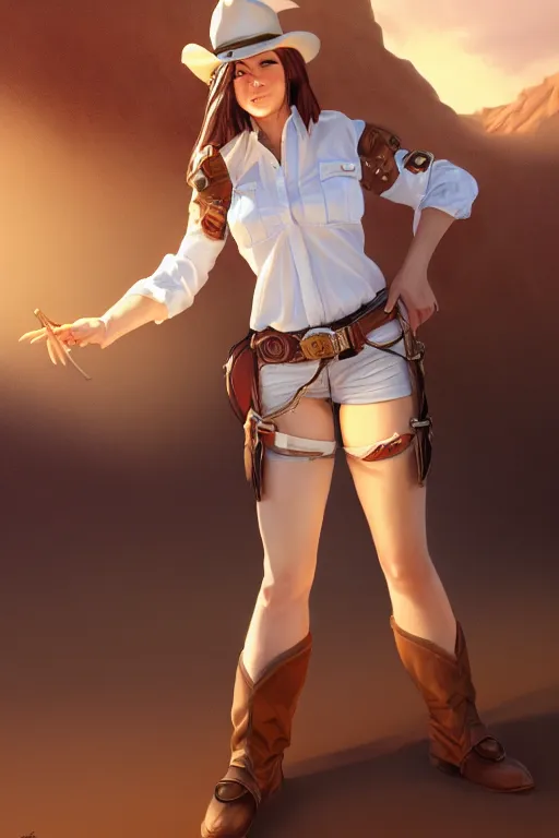 Image similar to full body, female cowgirl, perfect face, white blouse, holster, 8 k, magic the gathering, desert, d & d, artstation, high detail, smooth, sweaty