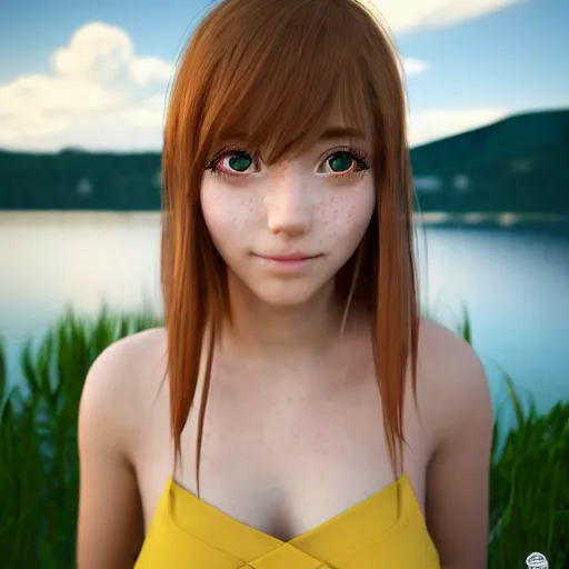 Prompt: Render of a very beautiful 3d anime girl, long hair, hazel eyes, cute freckles, full round face, short smile, cute sundress, golden hour, serene lake setting, medium shot, mid-shot, highly detailed, trending on Artstation, Unreal Engine 4k