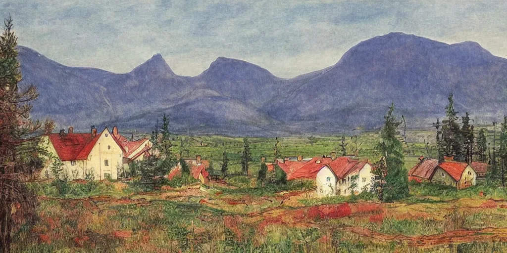 Prompt: dramatic swedish country side, mountains in the background, dramatic lighting, in the style of carl larsson