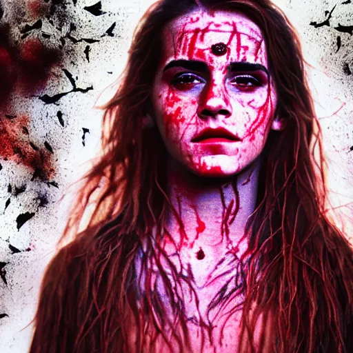 Image similar to 3 5 mm coloured film portrait of emma watson as aghori sadhu covered in ash creature, hyperrealism, celestial red flowers vibe, photorealistic, detailed, atmospheric, 8 k, award winning photography, cinematic