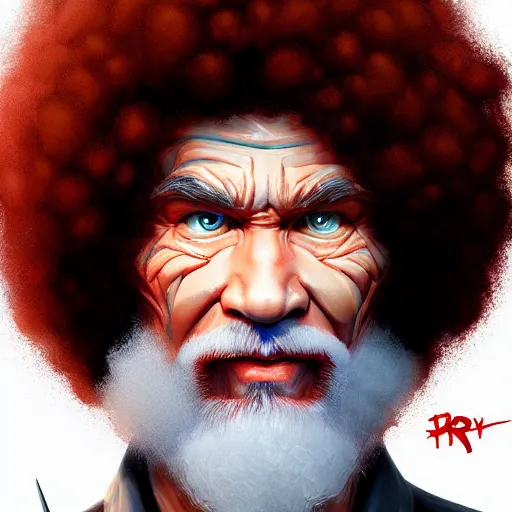 Image similar to Portrait of an evil looking Bob Ross, hairs of red flames, fantasy, D&D, intricate, highly detailed, digital painting, trending on artstation, sharp focus, illustration, style of Stanley Artgerm