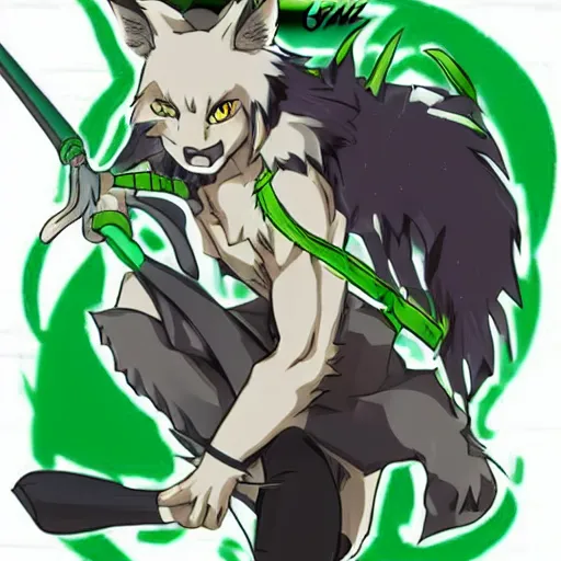 Image similar to anthropomorphic anime hero with wolf ears and a wolf tail, and green streaks in his hair. in the style of demon slayer