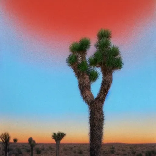 Prompt: A giant nose in a desert with many joshua trees and a red sun in the sky. Pastel.