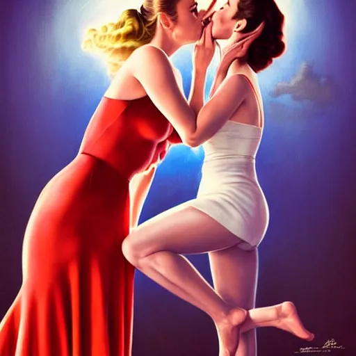 Prompt: brie larson and amber heard kissing, full body portrait, natural lights, photorealism, dramatic, cinematic, art by artgerm, rossdraws, norman rockwell, magali villeneuve, gil elvgren, alberto vargas, earl moran, enoch bolles