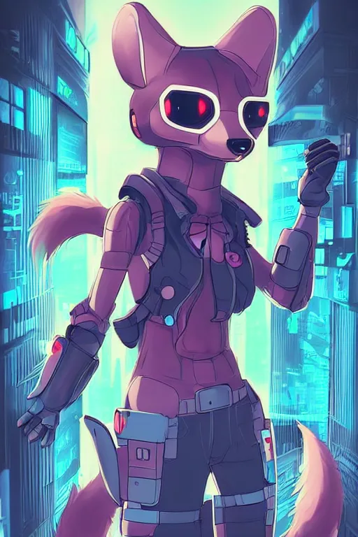 Prompt: a cute cyberpunk anthropomorphic fox with a fluffy tail, comic art, trending on furaffinity, cartoon, kawaii, backlighting, furry art!!!, cel shading, concept art, poster art