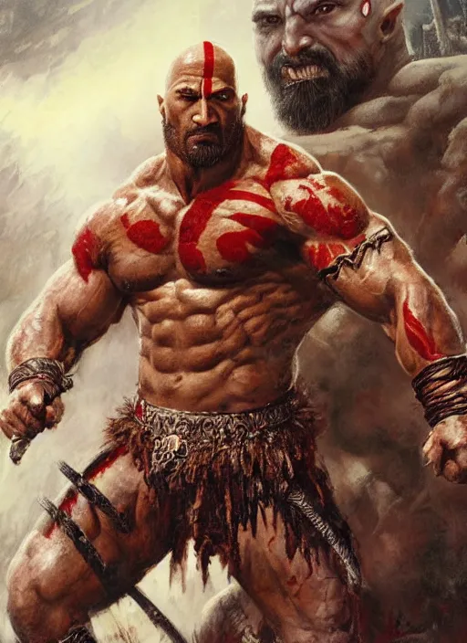 Prompt: a highly detailed beautiful portrait of dwayne johnson kratos hybrid god of war fighting zombies on a pile of human skulls, spartan warrior, olympian god, muscular!, frank frazetta, boris vallejo, octane, fantasy