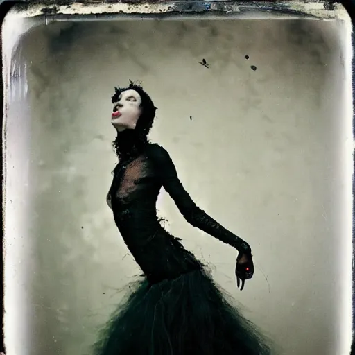 Image similar to damaged kodak portra 4 0 0, wetplate, photo of a surreal artsy dream scene,, very beautiful model, weird fashion, grotesque, extravagant dress, strange pose, carneval, with an animal, wtf, photographed by paolo roversi style