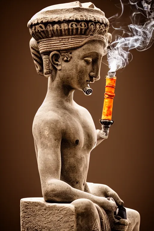 Image similar to photo of the ancient statue smoking an ancient hookah, symmetrical, cinematic, real dlsr photography, sharp focus, 4 k, ultra hd, sense of awe, archeology journal cover