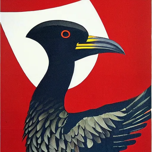 Image similar to a detailed and complex uncut full body soviet propaganda poster depicting a dromaius in military uniform. painting by dmitri moor