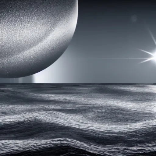 Prompt: shore, metallic water, raytracing, hubble in background, endless, 5 5 mm